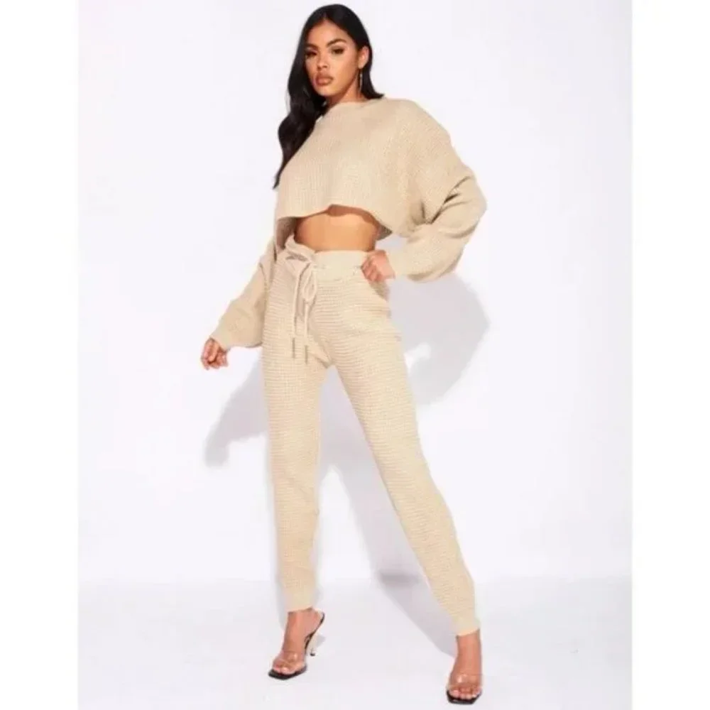 Beige Knitted Long Sleeve Sweater Crop Top and High Waist Pants Two Piece Set - Picture 11 of 17